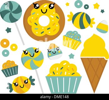 Carino dolce cartoon candy - Set di lime e foglie di menta Illustrazione Vettoriale