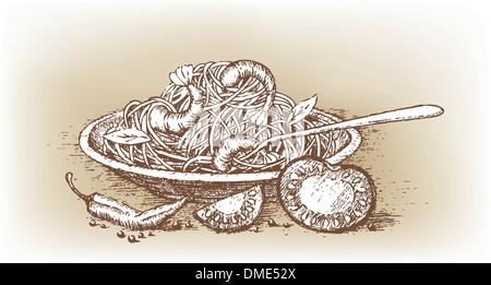 La pasta italiana con il pomodoro disegnata a mano Illustrazione Vettoriale