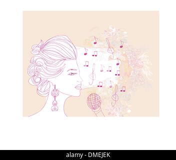 Mano ragazza disegnata a cantare una canzone su uno sfondo floreale Illustrazione Vettoriale