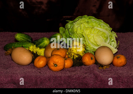 Still Life - il cetriolo, cavolo , i tangerini e crisantemo appassiti Foto Stock