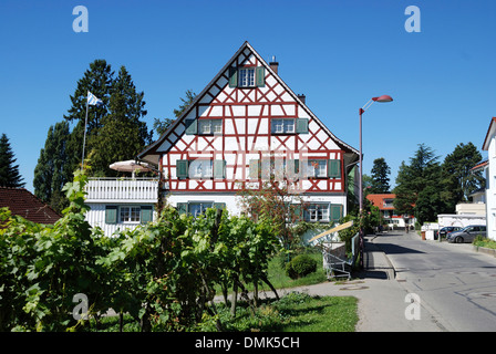 Casa in legno e muratura sulla riva del lago di Costanza nel villaggio del vino Nonnenhorn vicino a Lindau. Foto Stock