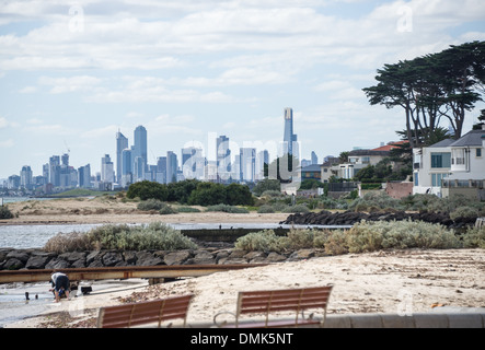 La spiaggia di Brighton serie Melbourne del cielo della città in background su superbe estati giorno con il cane sulla spiaggia di Palm Foto Stock