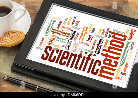 Il metodo scientifico word cloud su una tavoletta digitale con una tazza di caffè Foto Stock