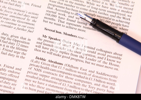 Hansard House of Commons copia ufficiale di dibattito parlamentare britannico di report che mostra un commento dal signor Speaker Foto Stock