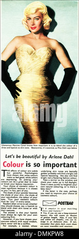 Anni Cinquanta la pubblicità. Vintage originale annuncio rivista annuncio per consigli di bellezza dall'attrice americana Arlene Dahl Foto Stock