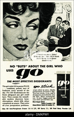 Anni Cinquanta la pubblicità. Vintage originale annuncio rivista annuncio per andare deodorante stick per le donne Foto Stock
