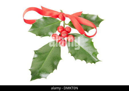 Holly con nastro rosso, decorazione di Natale Foto Stock