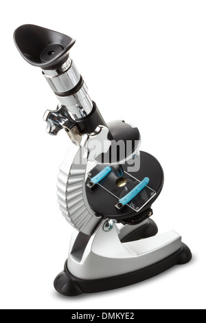 Un microscopio giocattolo isolato su bianco Foto Stock