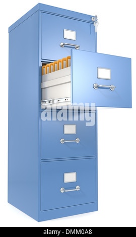 Blu Cabinet File. Aprire il cassetto con i file. Serratura e chiave. Foto Stock