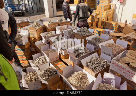 Varie acciughe essiccate in vendita presso Jagalchi shijang (Tradizionale mercato all'aperto) - Busan, Corea del Sud Foto Stock