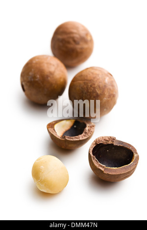 Noci di macadamia su sfondo bianco Foto Stock