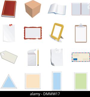 Grande insieme di oggetti diversi con carta bianca Illustrazione Vettoriale