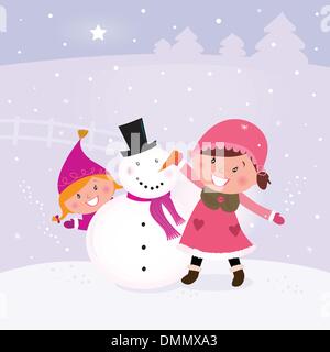 Inverno e Natale: due bambini felici rendendo pupazzo di neve Illustrazione Vettoriale