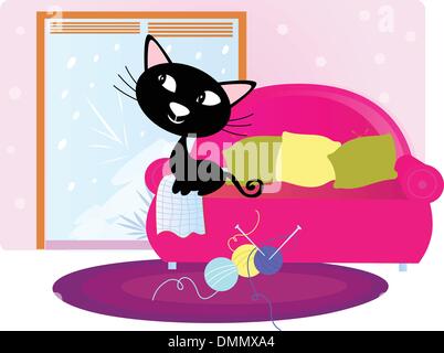 Natale: Gatto Nero seduto sul divano e guardando attraverso la finestra Illustrazione Vettoriale