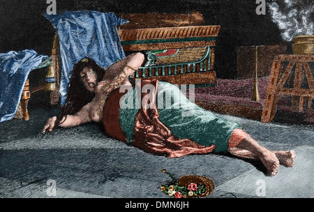 Cleopatra VII Philopator (69-30 a.C.). Regina d'Egitto. La morte di Cleopatra. Incisione, 1888. Colorati. Foto Stock