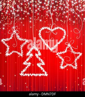 Natale red sparkle sfondo con albero, star, cuore Illustrazione Vettoriale