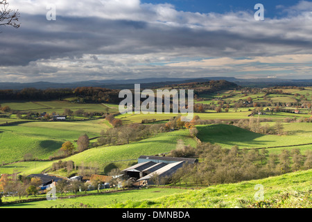 Herefordshire campagna dal Marcle Ridge e distanti montagne nere Herefordshire, England, Regno Unito Foto Stock