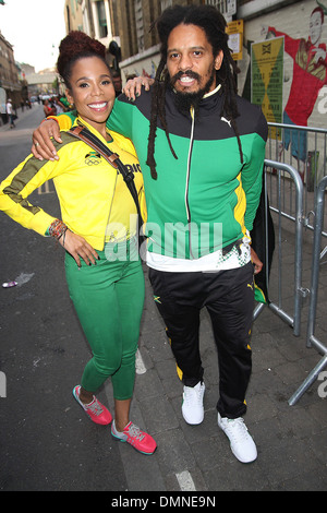 Cedella Marley e il Rohan Marley al cantiere di Puma per guardare Uomini 200m il giorno 13 di Londra 2012 Giochi Olimpici di Londra - Inghilterra Foto Stock