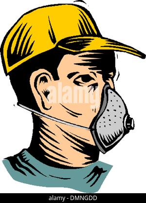 La faccia di un uomo in un casco e respiratore Illustrazione Vettoriale