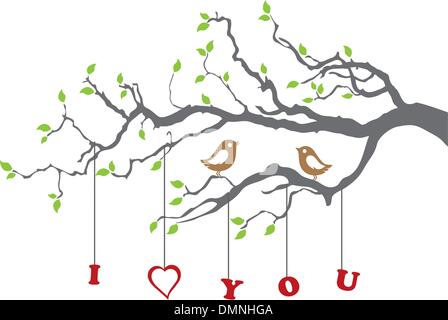 Uccelli in amore su di un ramo di albero Illustrazione Vettoriale