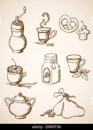 Disegnata a mano vintage icone di caffè Illustrazione Vettoriale