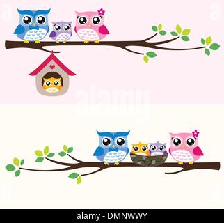 Owl bird family al ramo di albero cartoon Illustrazione Vettoriale