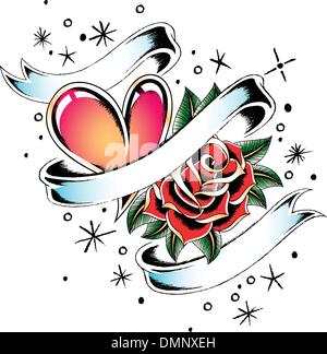 Cuore di rose e di banner a nastro Illustrazione Vettoriale