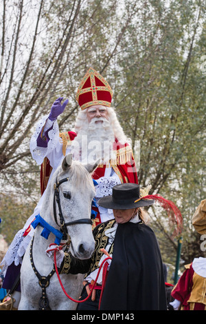 Paesi Bassi, Kortenhoef, Saint Nicholas alla vigilia del 5 dicembre. Saint sul cavallo bianco o stefano fare un tour attraverso il villaggio Foto Stock