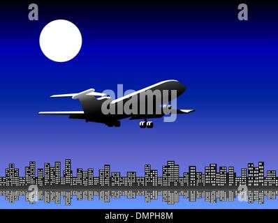 Aereo in fase di decollo di notte Illustrazione Vettoriale