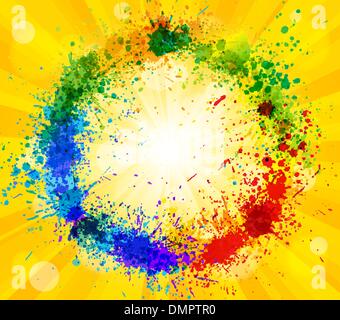 Vettore luminoso sole e gli spruzzi di vernice sullo sfondo di effetto Illustrazione Vettoriale