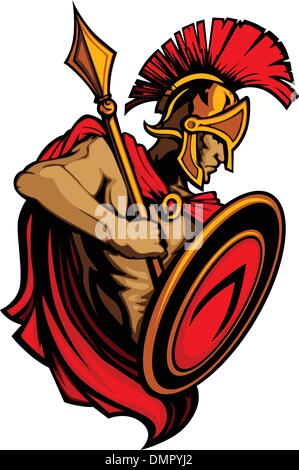 Spartan Trojan mascotte del vettore con la lancia e lo scudo Illustrazione Vettoriale