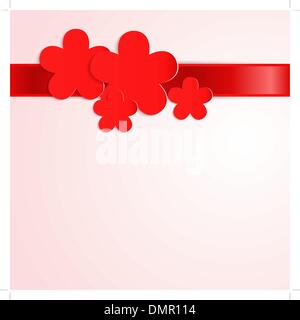 Sfondo rosa rosso con fiori di carta e nastro rosso Illustrazione Vettoriale