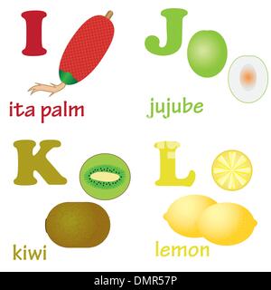 Alfabeto lettere I-L con frutti. Illustrazione Vettoriale