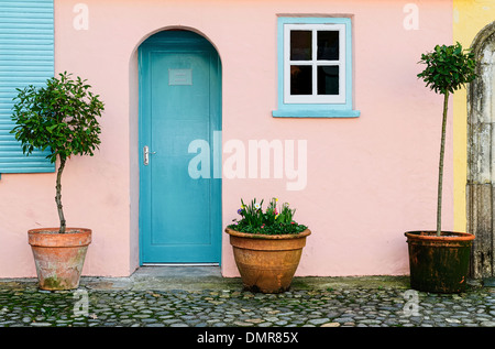 Nella finestra della porta e le piante in vaso in tipico Portmeirion disposizione e colori Foto Stock