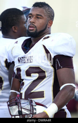 Louisiana-Monroe linebacker Theo Smith (42). La Lousiana Monroe Warhawks sconfitto Florida Atlantic gufi 27 -25 a Lockhart Stadium nel Sun Belt Conference assolcatore per entrambe le scuole. (Credito Immagine: © Ben Hicks/Southcreek globale/ZUMApress.com) Foto Stock