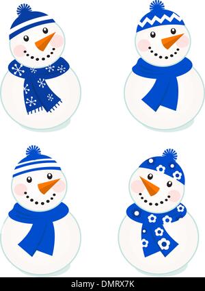 Vettore di Simpatici pupazzi di neve raccolta isolati su bianco ( blu ) Illustrazione Vettoriale