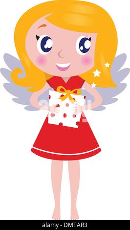 Natale cartoon angel Girl con dono isolato su bianco Illustrazione Vettoriale