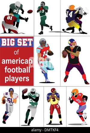 Grande set di giocatore di football americano s sagome in azione. Vec Illustrazione Vettoriale