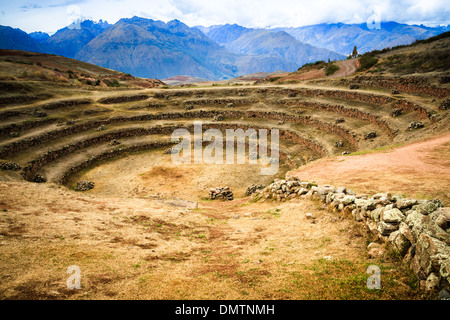 Rovine di Moray, Cusco, Perù, situato nei pressi della città di Cusco. Presumibilmente il laboratorio di Agricoltura degli Incas Foto Stock
