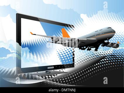 Blu sfondo tratteggiato con piatto sul monitor di un computer con passeggero Illustrazione Vettoriale