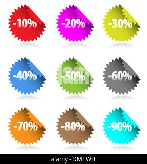 Raccolta di sconto colorati adesivi con percentuale di numeri. Illustrazione Vettoriale