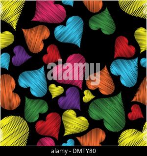 Modello senza cuciture con cuori colorati su sfondo nero.vettore Illustrazione Vettoriale