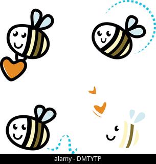 Carino bee caratteri con cuori isolati su bianco Illustrazione Vettoriale
