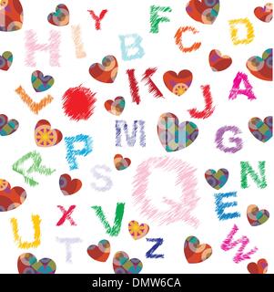 Lettere e cuori con disegni su sfondo bianco Illustrazione Vettoriale