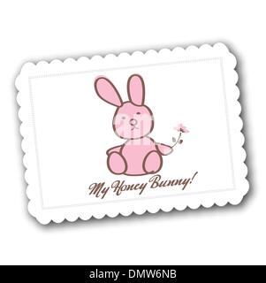Bunny coniglio con fiore su carta bianca Illustrazione Vettoriale