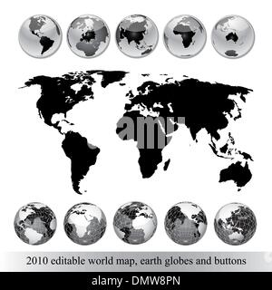 Modificabile mappa del mondo,terra globi e pulsanti Illustrazione Vettoriale