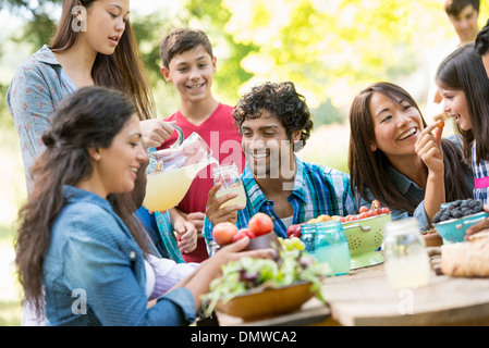 Adulti e bambini intorno a un tavolo in un giardino. Foto Stock