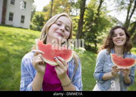 Una famiglia estate garing presso un'azienda. Un pasto condiviso un rientro in patria. Foto Stock