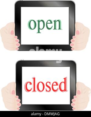 Mani tenendo premuto il touch screen tablet pc con il concetto di business Illustrazione Vettoriale