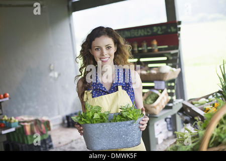 Un agriturismo biologico stand. Una donna di smistamento vegetali. Foto Stock